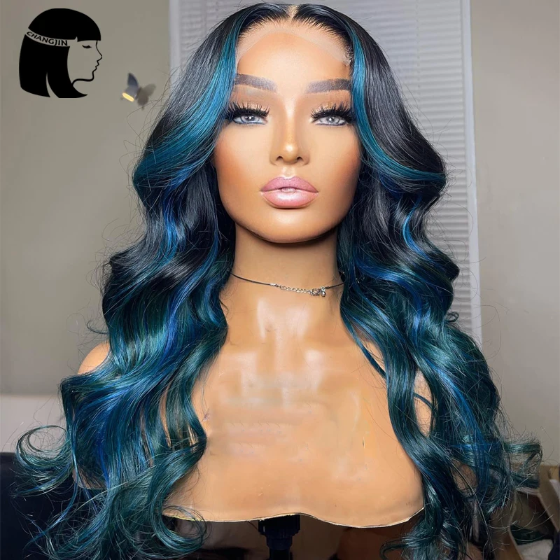 Ombre Blue Highlight 13X6 Lace Front Human Hair Wigs Body Wave Lace Wigs For Black Women Glueless lace Closure Wigs