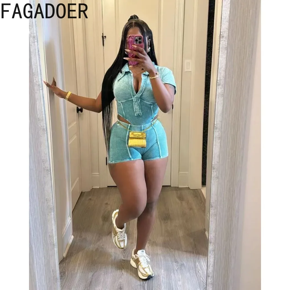 FAGADOER Fashion High Quality Ribber Two Piece Sets Women Deep V Short Sleeve Crop Top And Shorts Outfits Female 2pcs Clothing