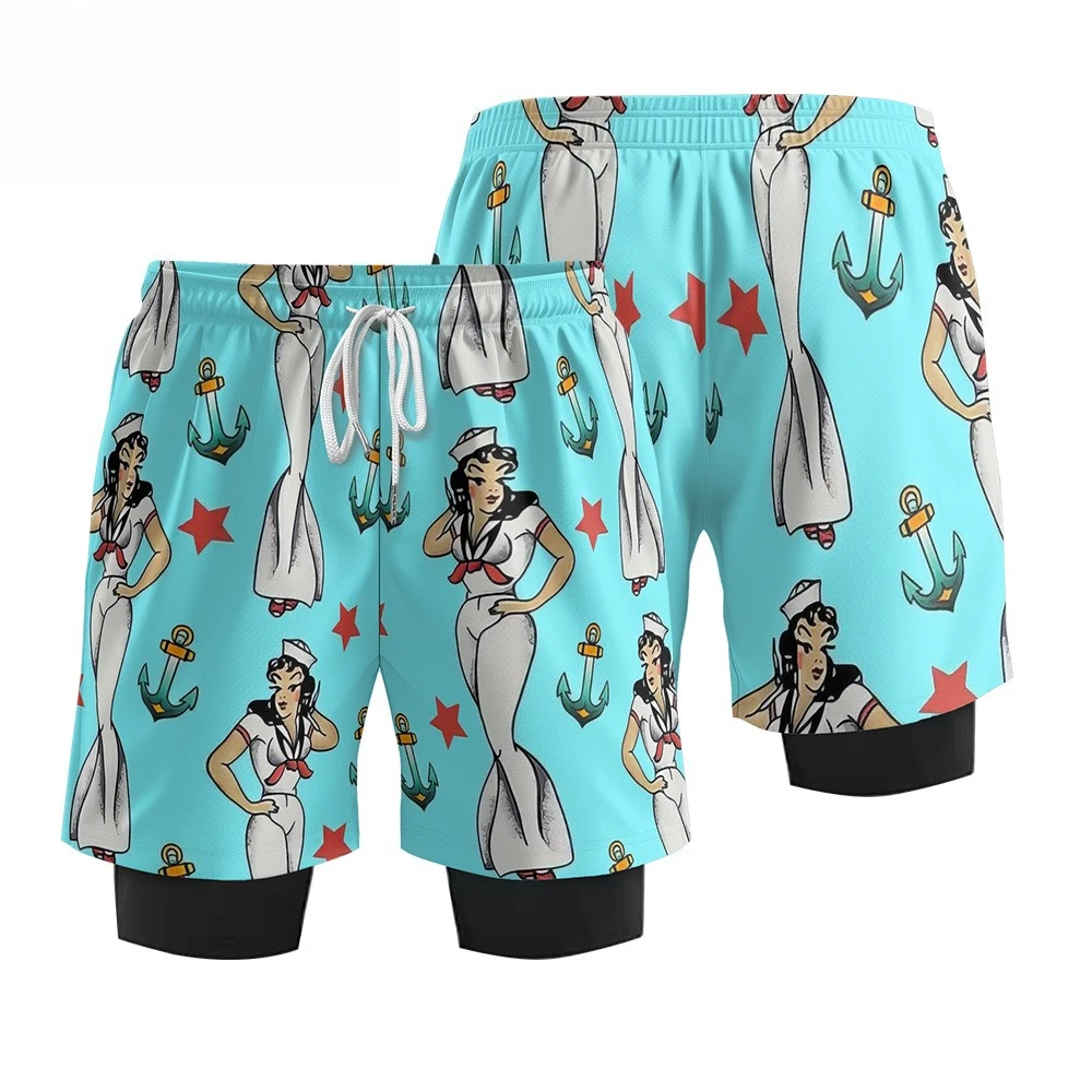 الرجال الرياضة في الهواء الطلق التجفيف السريع الدراجات السراويل 2 في 1 اللياقة البدنية تشغيل السراويل المألوف المطبوعة شورتات للبحر تصفح السباحة