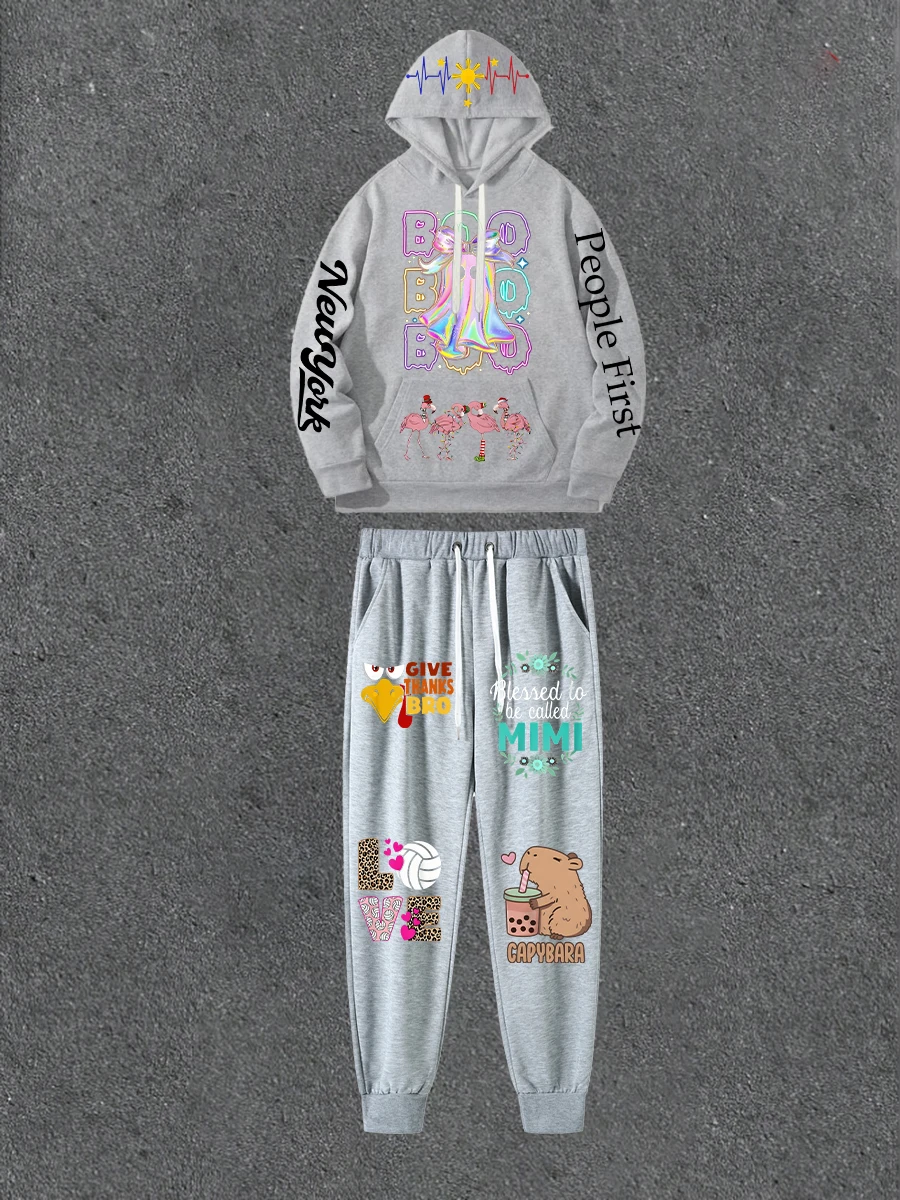 

Серая толстовка с двусторонним принтом в сочетании с повседневными брюками с принтом Свободная толстовка с капюшоном в уличном стиле с повседневными брюками