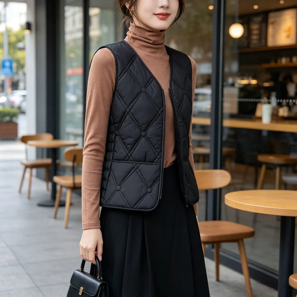 Womens Regular Length Solid Color Zippered Vest Featuring V Neck Design Diamond Pattern and Soft Fleece Interior