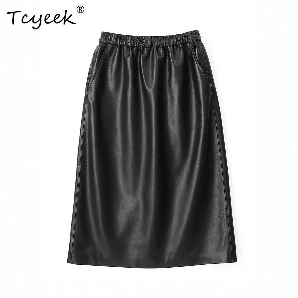 Tcyeek Genuine Leather Skirts Women Elegant High-waisted Skirts Top Layer Sheepskin Bodycon Skirt Woman Clothing Юбка Женская