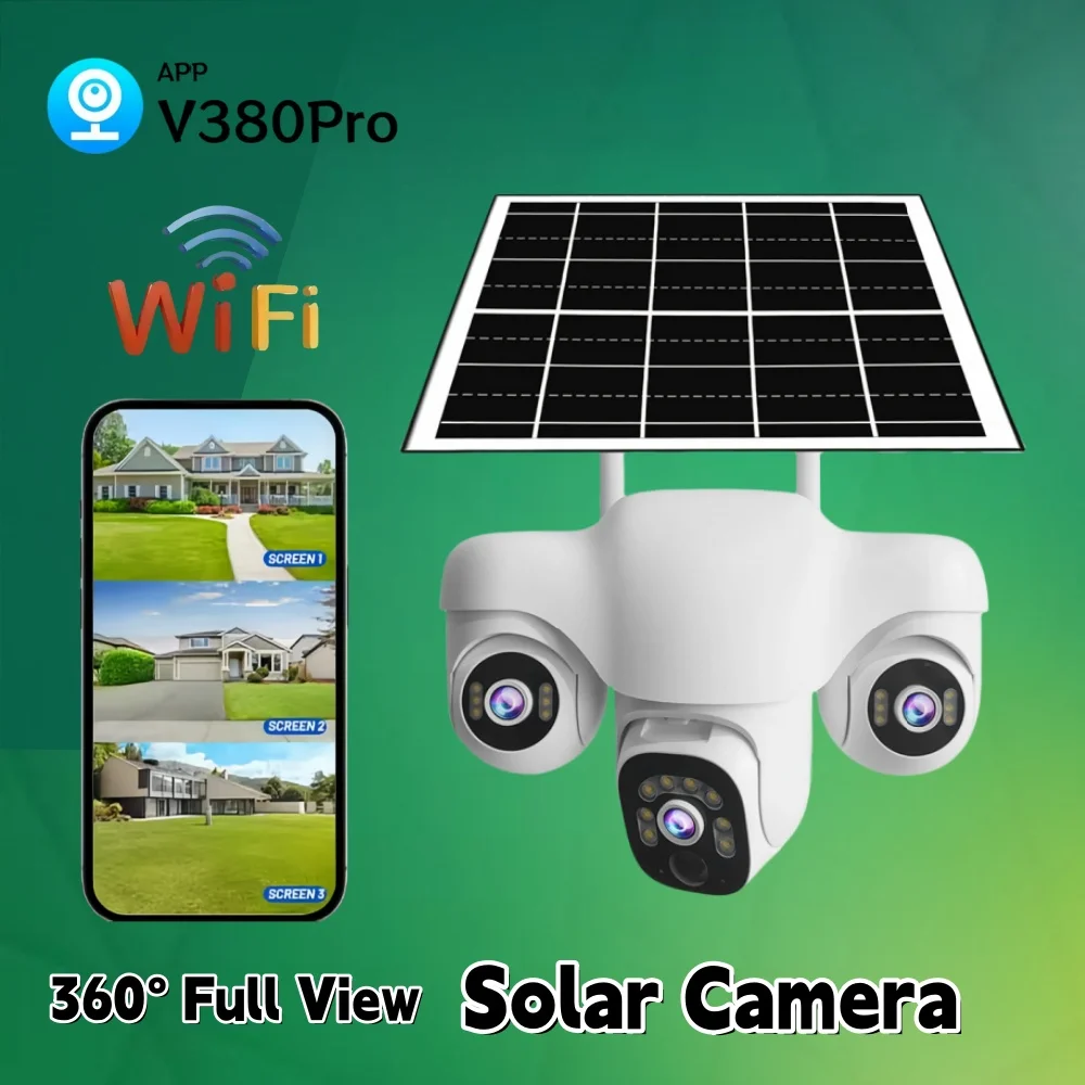 

15MP Triple Lens Security Solar Camera WiFi Wireless Surveillance PIR People Detection Camera Outdoor Plugless IP Camera V380Pro