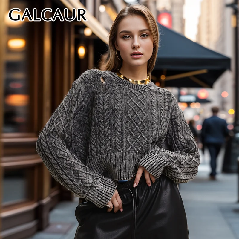 

GALCAUR Autumn Pollover Kintwear For Women O Neck Long Sleeve Frayed Hollow Out Loose Casual Short Sweater Female Clothing 2024