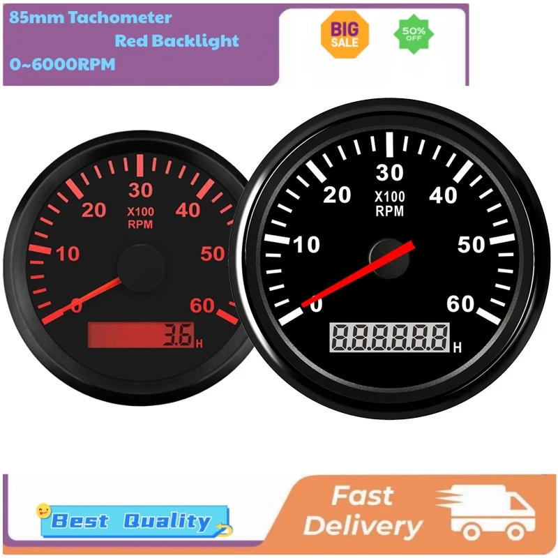 

85mm Tachometers 0-6000RPM Revolution Meters with Red Backlight 9-32v for Car Boat Agricultural Machinery Construction Machinery