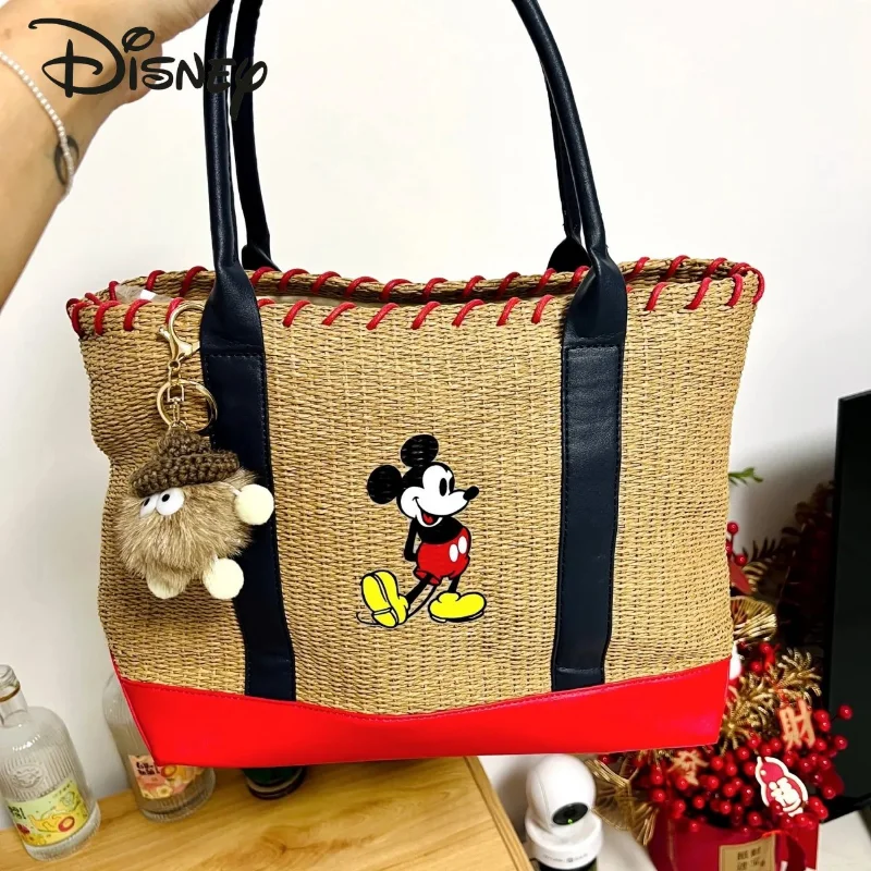 Disney\'s New Women\'s Straw Woven Bag Mickey Handbag High Beauty Travel Work Shoulder Bag Cute Fashion Large Capacity Tote Bag