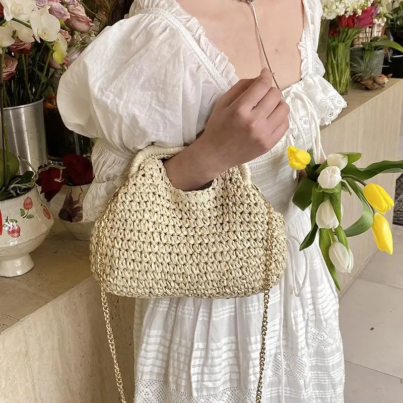 

Elegant Summer Weave Chain Straw Bag Leisure Boho Straw Shoulder Bag Beach Casual Bucket Handbag For Ladies/Girls