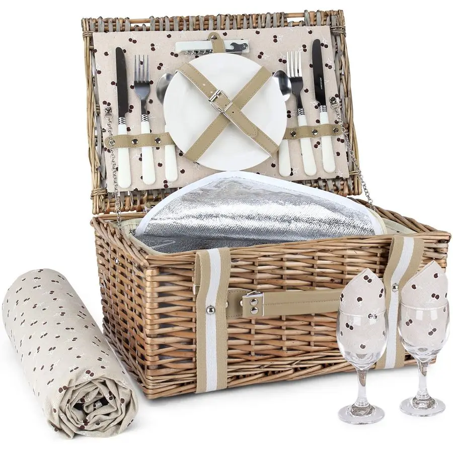 

Набор для пикника на 2 человек с большой термосумкой и водонепроницаемым пледом, плетеная корзина для пикника для кемпинга