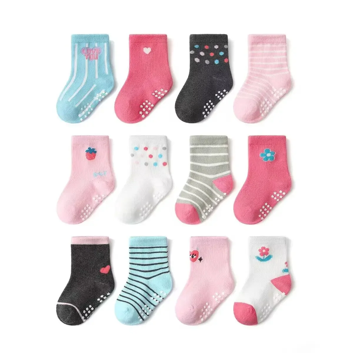 12Pairs/Lot Kids Non-Slip Sock Boys Girls Anti Skid Soles Cotton Socks Kids 5-7Years