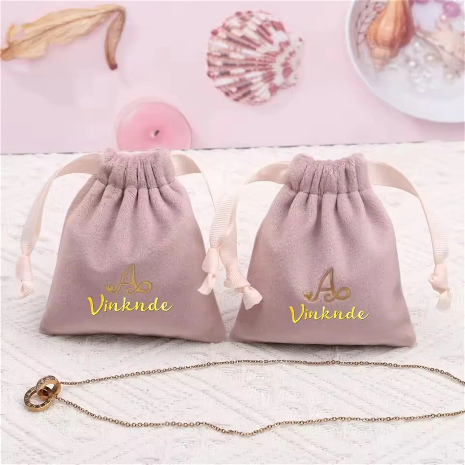 100pcs Personalized Logo Soft Velvet Ribbon Jewelry Packaging Pouch Customized Logo Drawstring Dust Gift Cosmetic Storage Bag