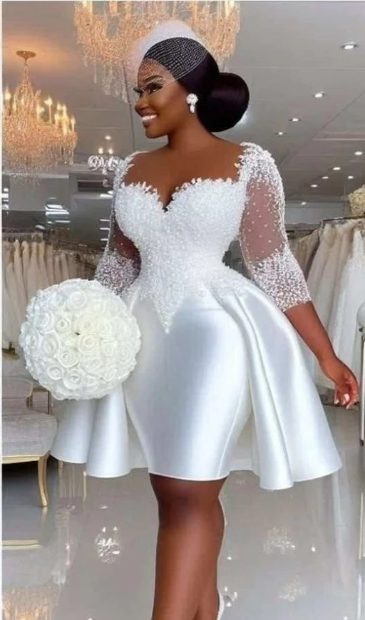 Customized Plus Size Wedding Desses South Arican Satin Lace Beaded 3/4 Long Sleeves Sheer Neck Short Bride Gowns Bridal Dress