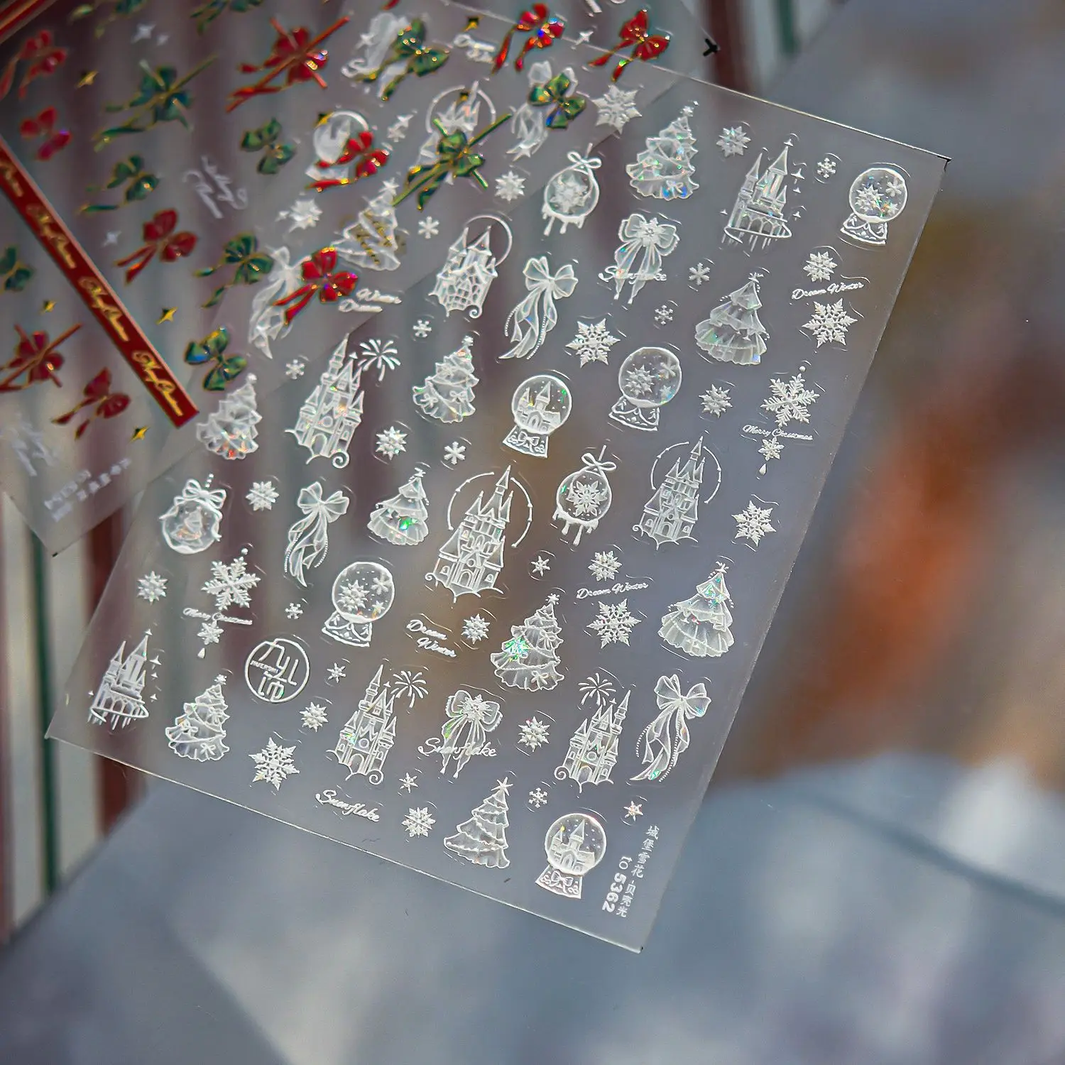 عيد الميلاد متأنق الشريط Bowknot كريستال الكرة ثلج ندفة الثلج الدب الجوارب شريط أبل ستار سانتا كلوز مسمار الفن ملصقات الشارات