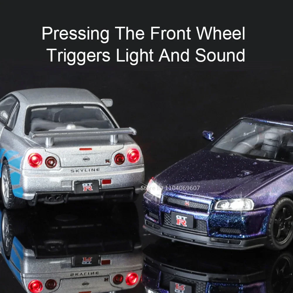 Maßstab 1:32 SKYLINE GTR R34 Sportwagenmodell Spielzeug Metalldruckguss Zurückziehen Supercar-Modelle Sound Licht Ornamente Kinder Erwachsene Geschenke – Detail 8