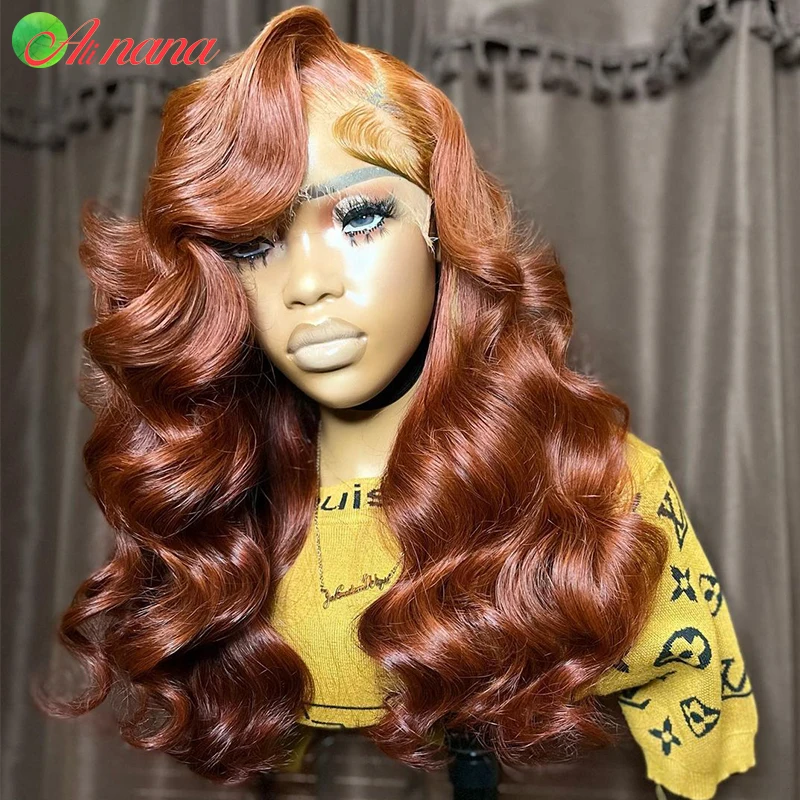 Perruque Body Wave Brésilienne Naturelle, Cheveux Humains, Brun Rousse, 13x6, Dentelle Transparente, pour Femme Africaine