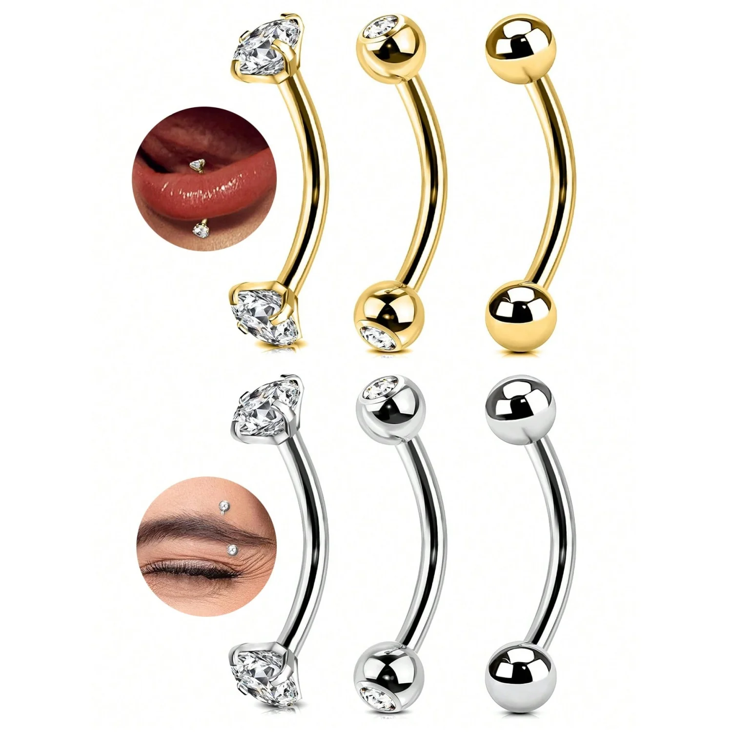 3PCS 16G joyería del cuerpo de acero inoxidable pequeños anillos del botón del vientre oro barras del ombligo curvas ojos de plata Piercings