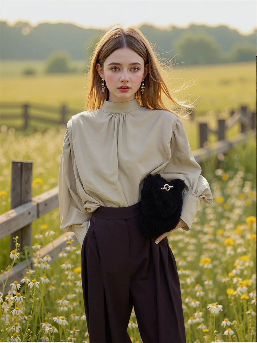 

Shirt Women Solid Color Folds Polka Dot Pattern Print Front Button Sweet Preppy College Style Cute Simple Basic Female Tops