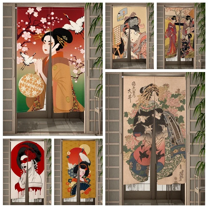 Japanese Ukiyo-e Door Curtain Geisha Japanese Lady Blossoms Partition Kitchen Doorway Curtains Entrance Hanging Half-Curtain
