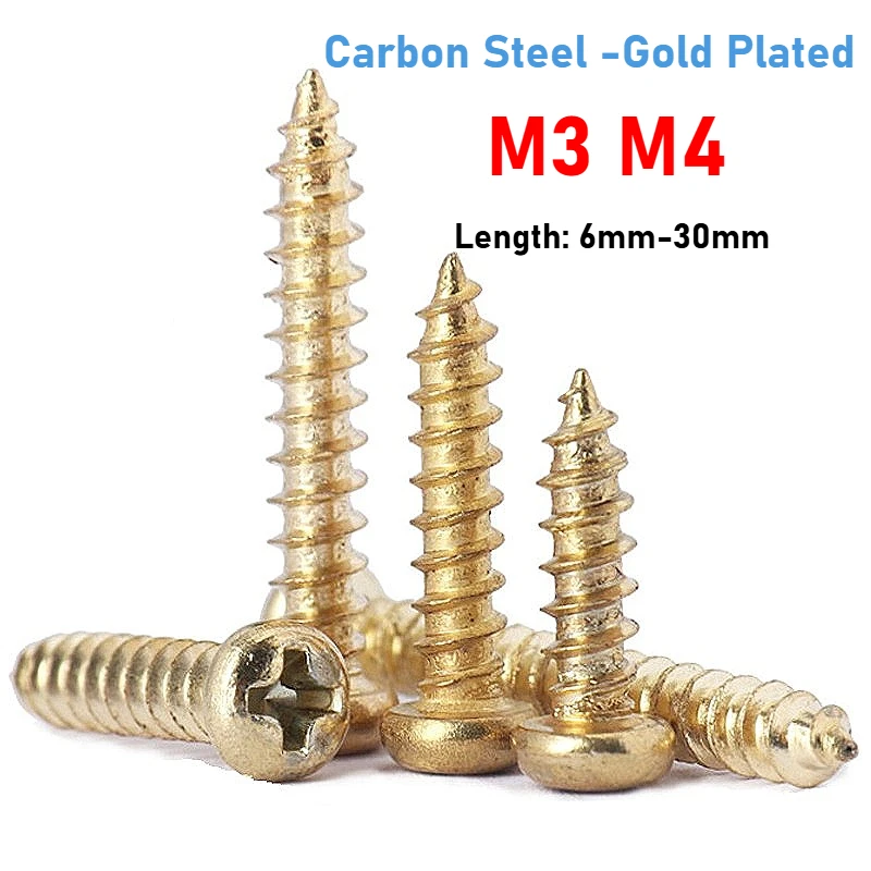 100/200pcs M3 M4 Gold Plated Carbon Steel Cross Recessed Round Head Self-Tapping Screw Phillips Pan Head Tapper Bolt 6mm-30mm