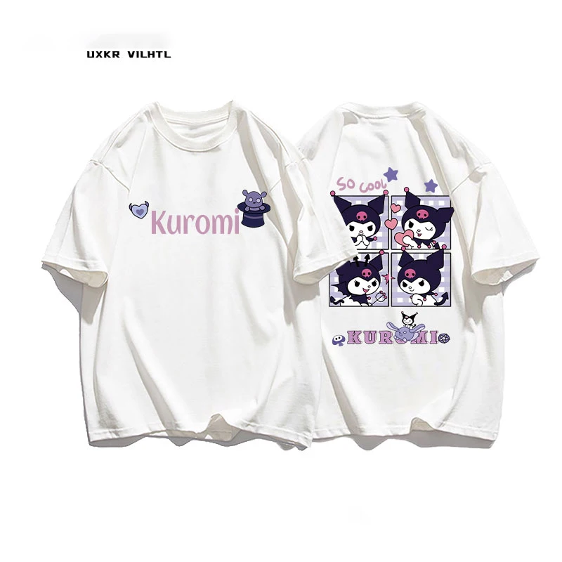 

Sanrios Kuromi Cotton Short Sleeves T-Shirt Summer Clothes Cartoon Girl Round Neck Eldest Child leisure Versatile Jacket