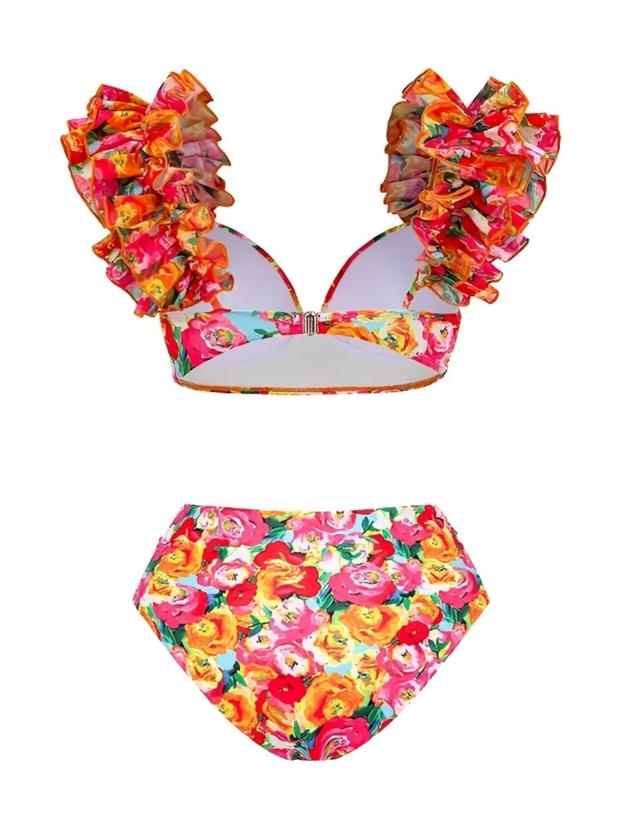 Biquíni feminino babado floral de cintura alta, maiô sexy, moda praia feminina, roupa de banho, banhistas, 2022