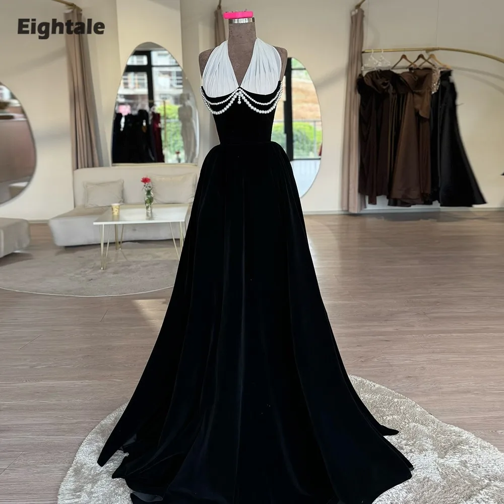 

Eightale Arabic Evening Dresses Halter Black and White Beaded A-Line Pearls Customized Prom Party Gowns for Wedding