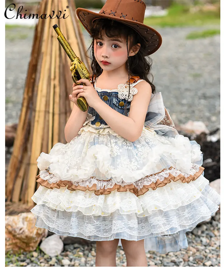 

Lolita Girl's Denim Cake Dress Lace Princess Dress 2026 Summer New Sweet Cute Baby Girl Fashion Tutu Dresses Gown