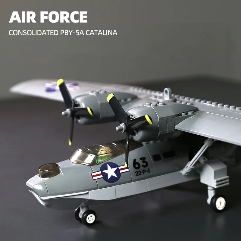 Military MOC Consolidated PBY-5A Catalina Airplane Model Building Blocks DIY Seaplane City Aircraft Bricks Toys For Kids Gifts