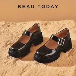 BeauToday Mary Jane Shoes Women Lolita Cow Leather Round Toe Metal Buckle Strap Thick Sole Trendy Ladies Flats Handmade 28453