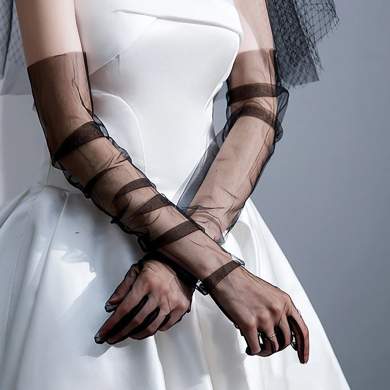 70cm Women Long Ultra Thin Gloves Tulle Elbow Wedding Party Bride Dress Mittens Sheer Transparent Vintage Black White Mesh Glove
