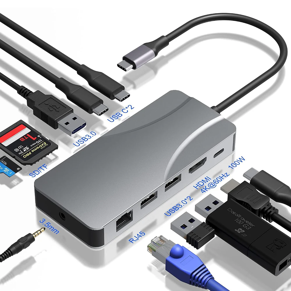 USB C Hub 11 in 1 to HDMI Adapter 4K 60Hz, Portable Docking Stations with PD 100W Recharge, SD/TF Card Reader, 1Gbps Ethernet