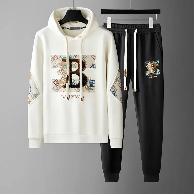 Fashion Printed Mens Two Piece Sets Casual Letter Sequins Embroidery Hooded and Pant Autumn Outfit Tracksuit Men Joggers Suits