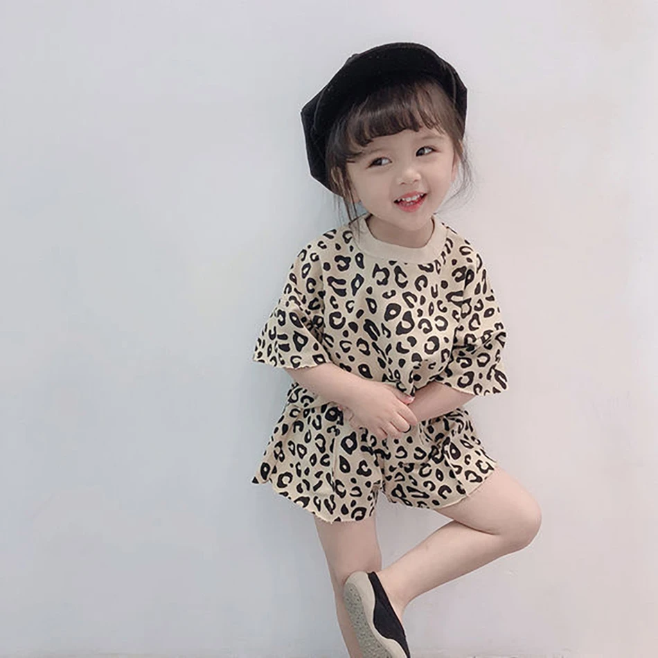 Baby Outfit Children Leopard 2 Pcs T Shirt and Shorts Kids 1-6 Years Girls Short Sleeve Fashion Suit Summer Korean Clothing Set