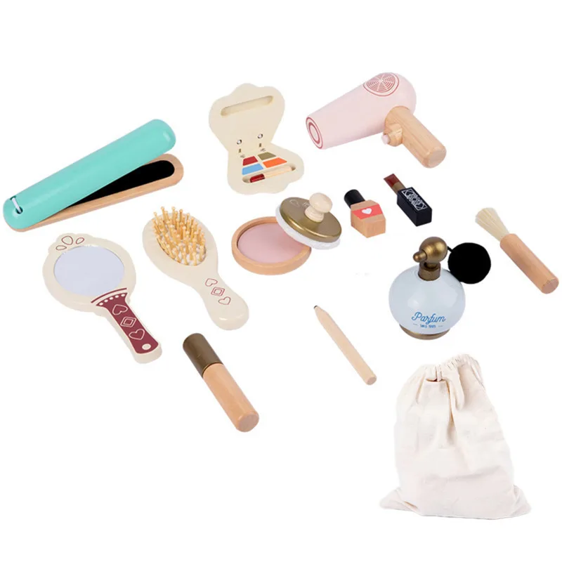 New Dresser Wooden Toys Set Simulation Beauty Comb Hair Dryers Cosmetic Bag Set For Girls Christmas Birthday Gifts