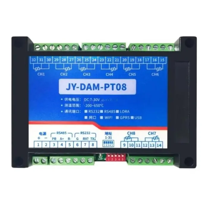 8 Channels PT100 24-bit Input Thermocouple Temperature Acquisition Module Modbus, Customize RS232 RS485 USB Ethernet Wifi GPRS