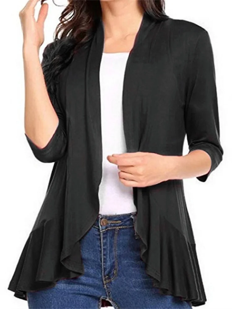 Women Spring Autumn Cardigan Coat Solid Color 3/4 Sleeve Ruffle Hem Coats Tops Casual Blazers Outerw