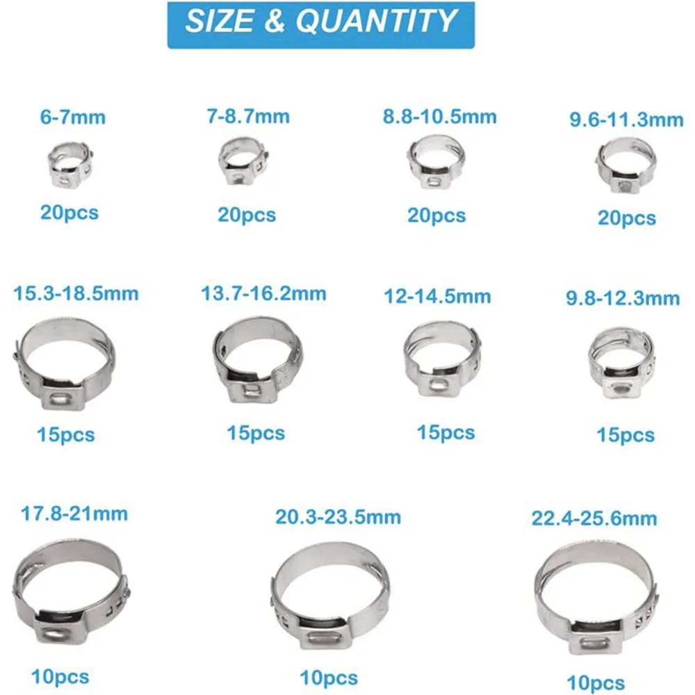 170 Pcs Single Ear Hose Clamp, 11 Sizes 1/4-1 Inch Crimp Stepless Cinch Rings Crimp Assortment Kit For Plumbing Hoses Clamps