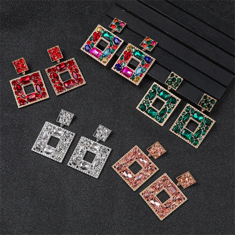 Luxury Colorful Crystal Gem Square Dangle Design Earring Exaggerated Woman\'s Jewelry Vintage Bridal Valentine\'s Earrings Gift