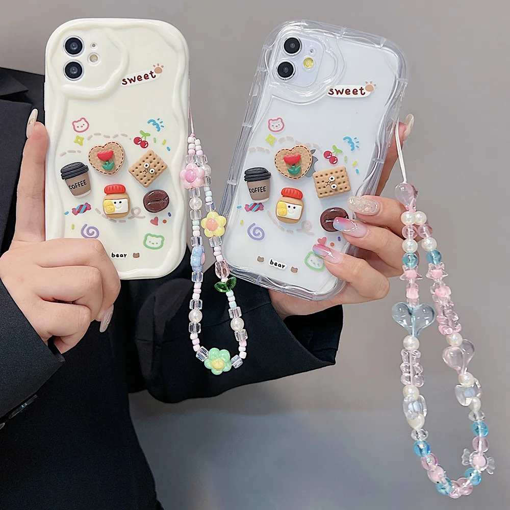 3D Cartoon Chain Lanyard Patch Wave Edge Case For iPhone 11 Case iPhone 15 14 12 13 Pro Max X XR XS Max 7 8 Plus SE 2020 Cover