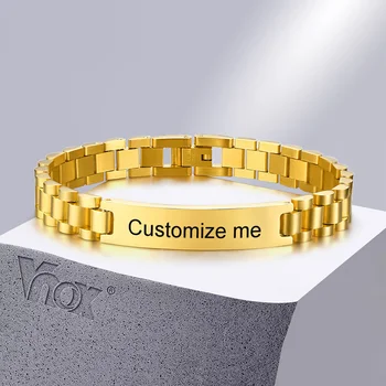 Vnox Gold Tone Roestvrij Staal Mens Id Armbanden Gratis Graveren Laser Naam Datum Aanpassen Gift