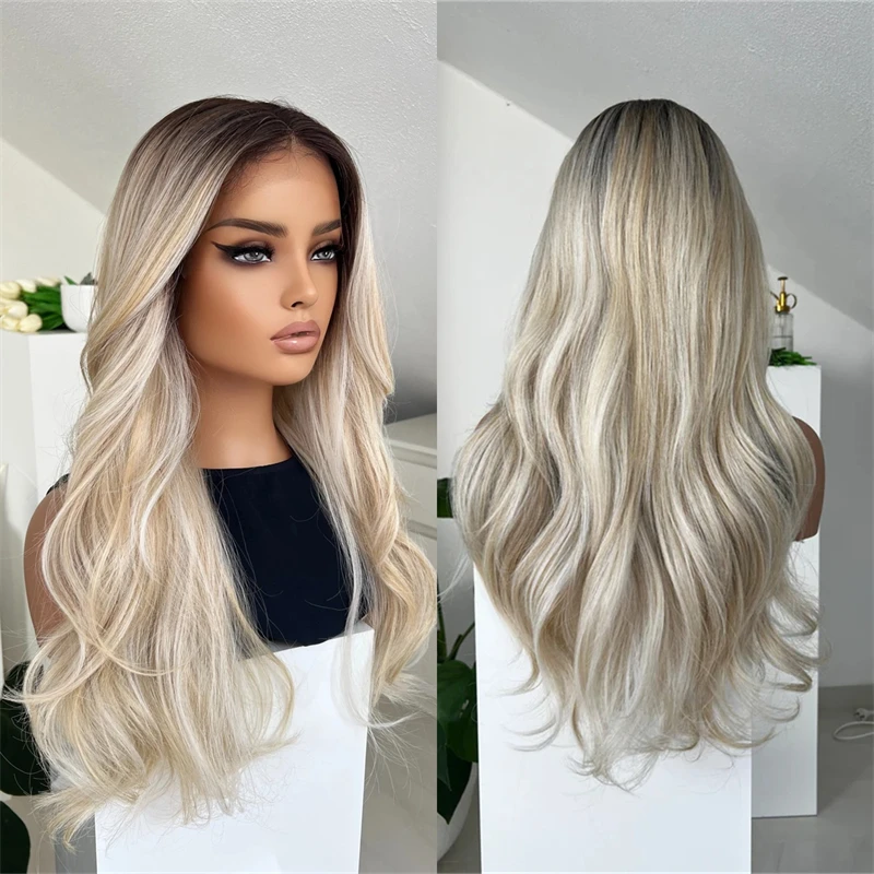 

Длинный натуральный свободный волнистый парик Ombre Платиновый блондин Синтетический парик фронта шнурка с темными корнями Костюм Женская вечеринка Повседневное использование для косплея