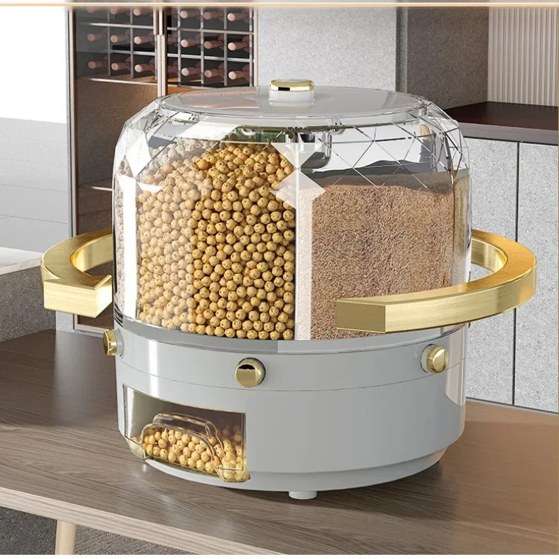 360 Degree Rotating Rice Dispenser Sealed Dry Cereal Grain Bucket Dispenser Moisture-proof Kitchen Food Container Storage Box