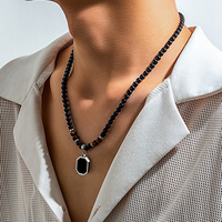 Black Beads With Square Pendant Necklace Men Stainless Steel Women Accessories On The Neck Collar Trendy Jewelry Gifts