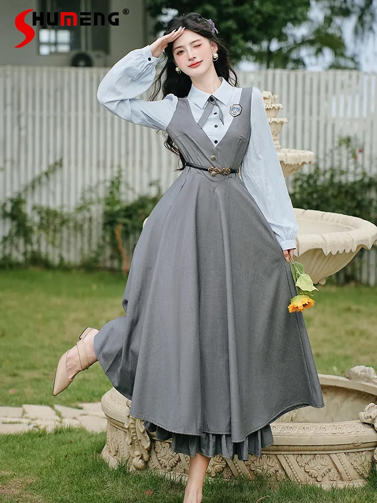 

Spring 2026 French Elegant Vintage Preppy Style Splicing Polo Neck Long Sleeve High Waist Slim A-line Sweet Long Dress For Women