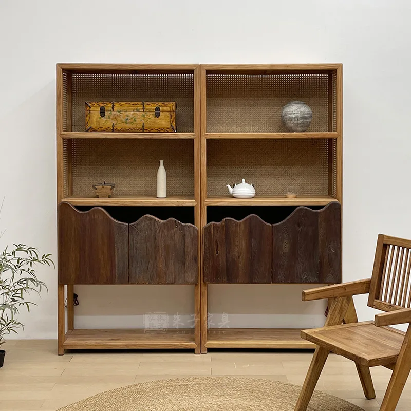 Customized wabi silent wind solid wood living room bookcase rattan home floor bookshelf B & B elm storage display cabinet