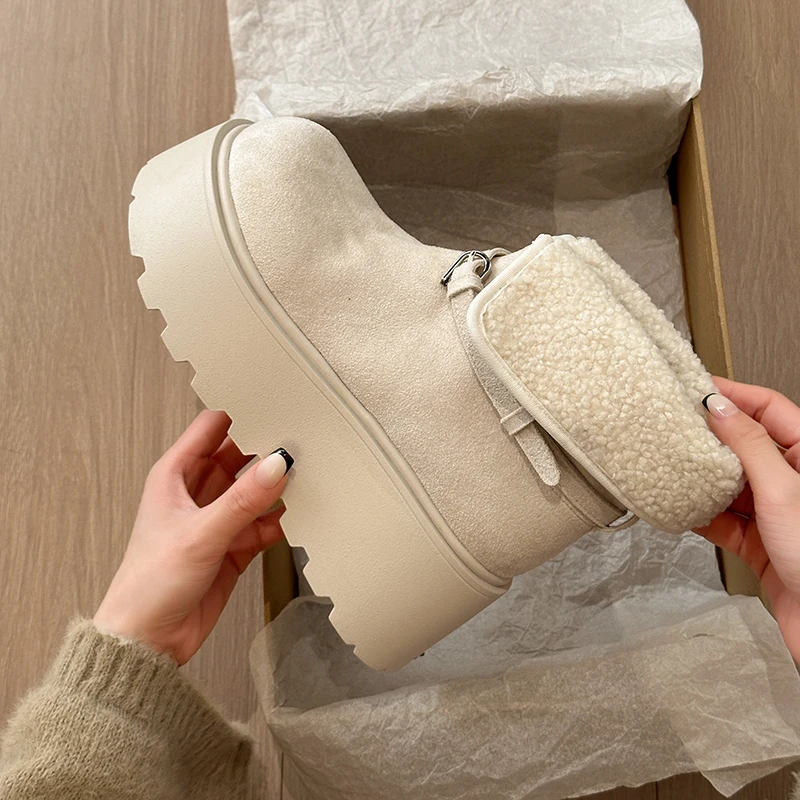الشتاء مكتنزة منصة كعب النساء الفراء الثلوج الأحذية موجزة الارتفاع زيادة الانزلاق على الأحذية السيدات الراحة الدافئة القطن الجوارب القصيرة