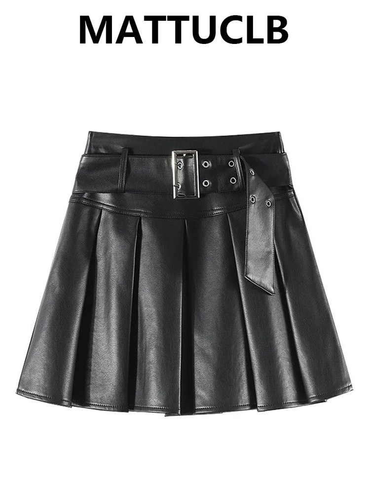 

2025 Autumn Winter Women Punk Dark Academia A-line Pu Faux Leather Mini Pleated Skirt 2000s Aesthetic Y2k A-line Kpop Gyaru New