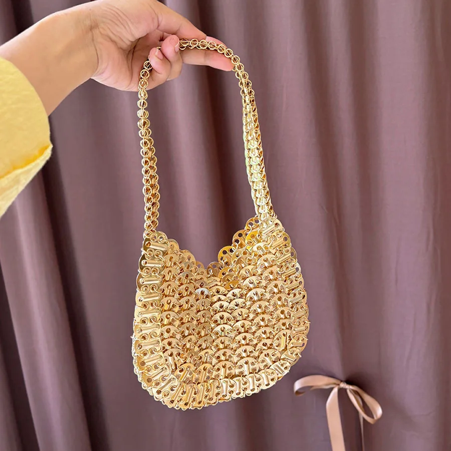 Vintage Burst Silver Shiny Niche Metal Sequins Underarm Bag Hollow Weave Design Shoulder Tote Bag
