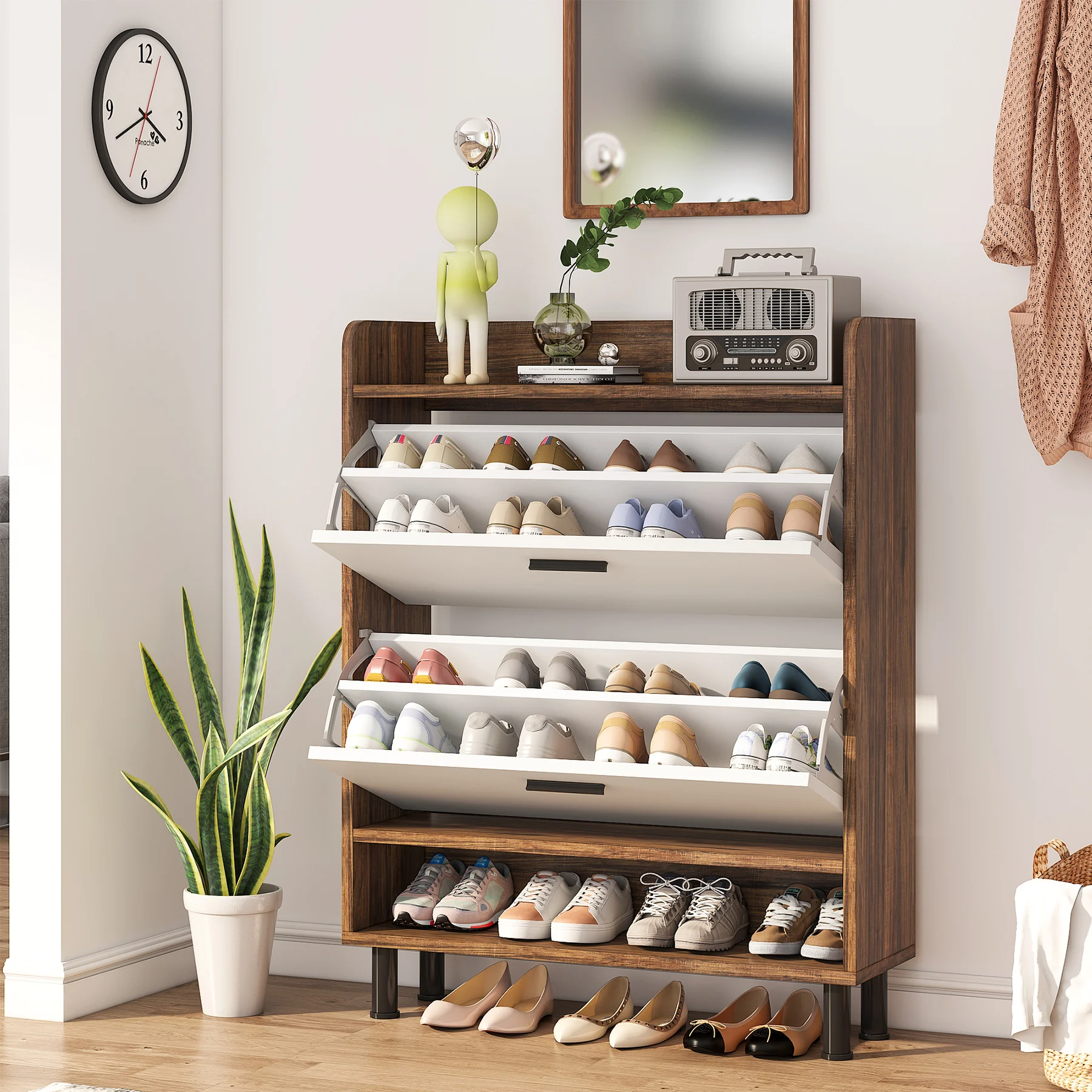 Tribesigns Shoe Cabinet, 2-Tier Shoe Storage Cabinet with Flip Doors, Vintage Entryway Shoe Organizer Rack with Open Shelves image 3