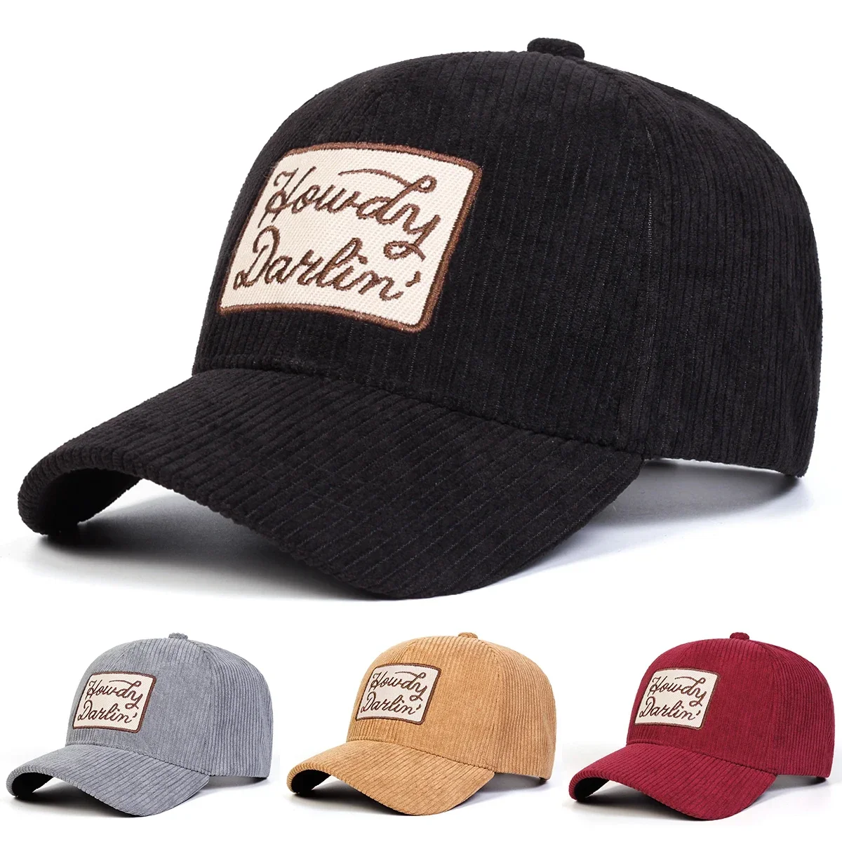 Unisex Corduroy HOWDY DARLIN Baseballkappen mit Stickerei, Frühling und Herbst, für den Außenbereich, verstellbare Freizeithüte, Sonnenschutzhüte, Mützen
