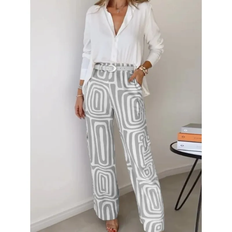 Leisure Women\'s Geometry Printed Set 2024 Spring Autumn New Temperament Shirt & Loose Pants 2 Piece Set Commute Office Lady Set